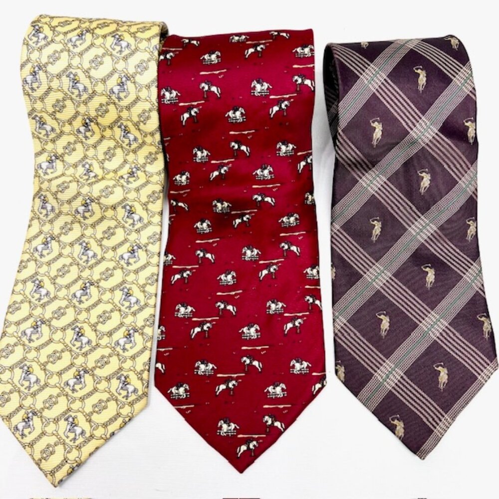 3  Silk Neckties  Polo Club +Other Brown-Red-Yellow  Striped Polo Horses (66 - Picture 4 of 9